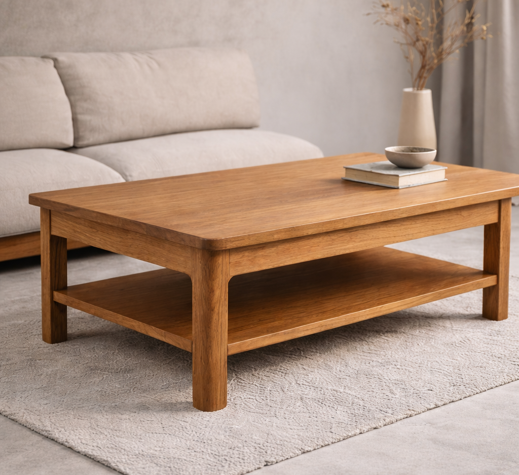 Stilla Design LOWBLOCK - A sculptural solid oak coffee table defined by calm proportions, soft edges and timeless craftsmanship.